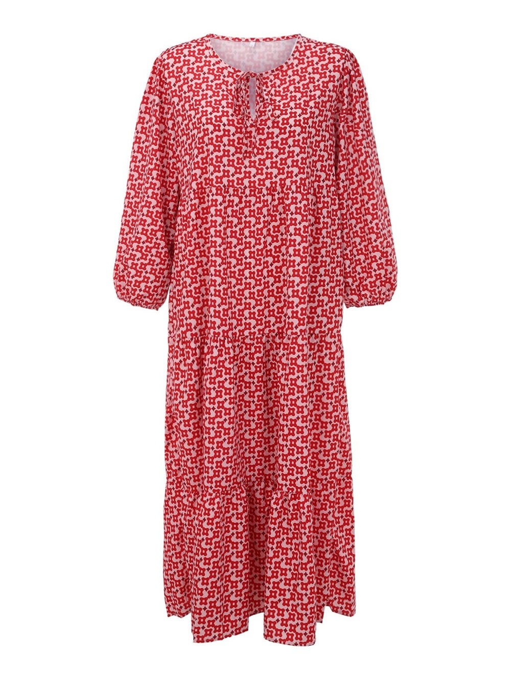 Boho Red & White Geometric Print Half-Sleeve Tiered Maxi Dress - Picture 2 of 8
